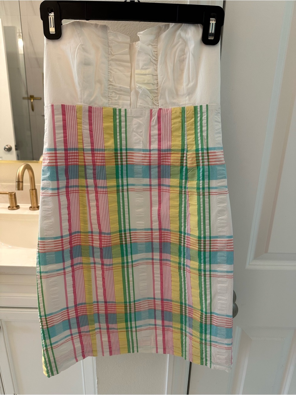 Lilly Pulitzer Strapless Plaid Sundress in White with Pastel Stripes
